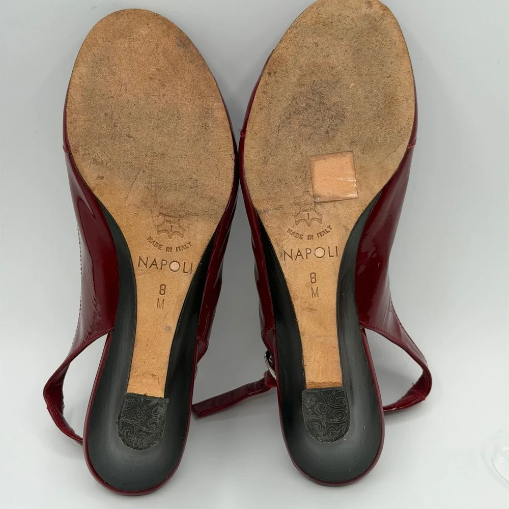 Brighton Napoli Wedge Sandals Women 8M Red Patent Leather Slingback Buckle Chic